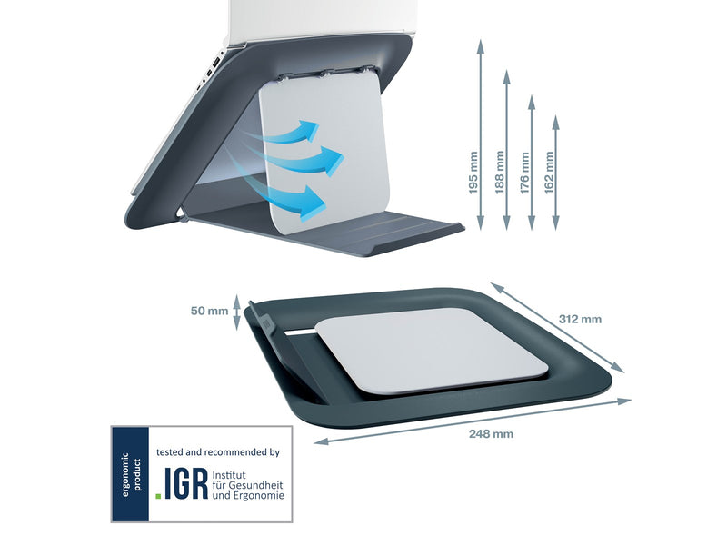 Leitz Ergo Cosy Höhenverstellbarer Laptopständer, 80% Recycelter Kunststoff, Samtgrau