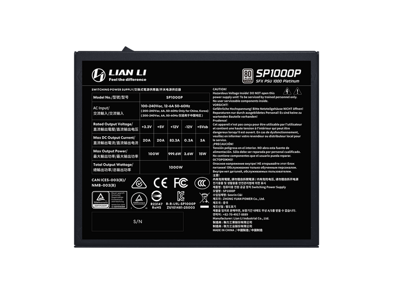 Lian Li SP1000P SFX (Black) Netzteile - 1000 Watt - 92 mm - ATX 3.1 - 80 Plus Platinium