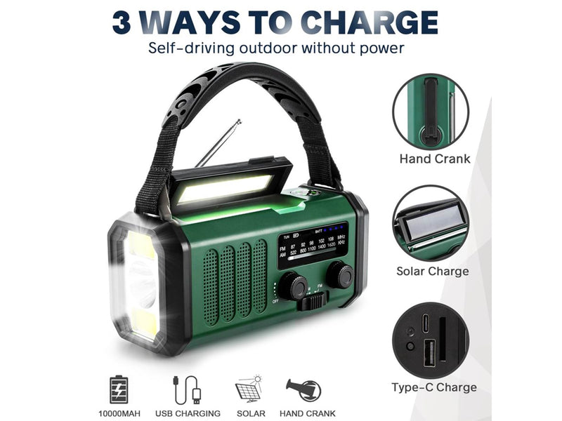 Lippa Emergency Radio - Solar - Dynamo - Compass - 10.000 mAh Power Bank - AM/FM - Mono - Grün