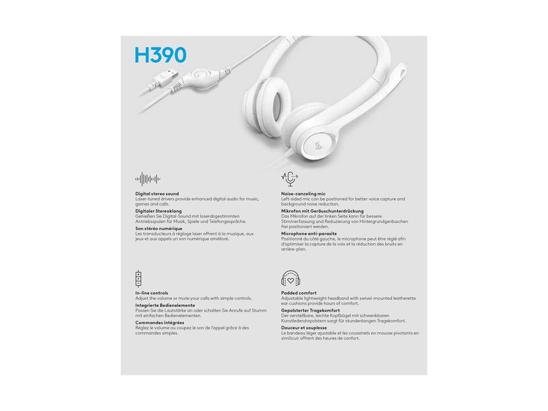 Logitech H390 USB Computer Headset - White