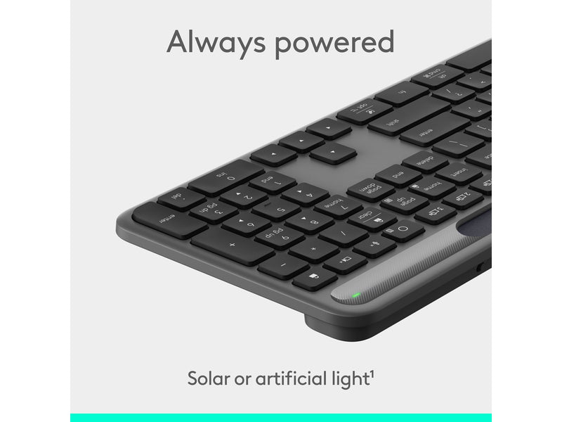 Logitech K980 Signature Slim Solar+ Wireless - Tastatur - Full-Size - Dänisch/Norwegisch/Schwedisch/Finnisch - Grau