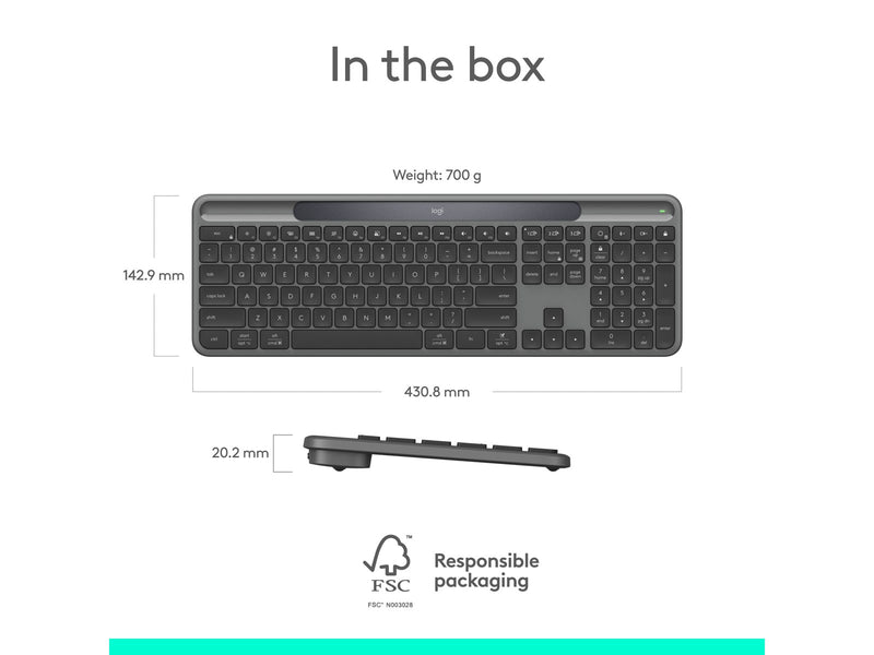 Logitech K980 Signature Slim Solar+ Wireless - Tastatur - Full-Size - Dänisch/Norwegisch/Schwedisch/Finnisch - Grau