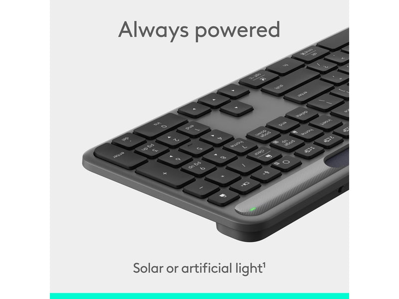 Logitech K980 Signature Slim Solar+ Wireless - Tastatur - Full-Size - Dänisch/Norwegisch/Schwedisch/Finnisch - Grau