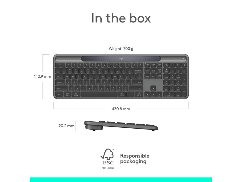 Logitech K980 Signature Slim Solar+ Wireless - Tastatur - Full-Size - Dänisch/Norwegisch/Schwedisch/Finnisch - Grau