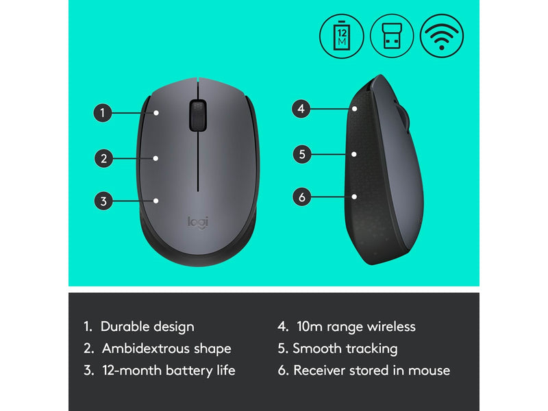 Logitech M170 Wireless Mouse - Grey - Maus (Schwarz)