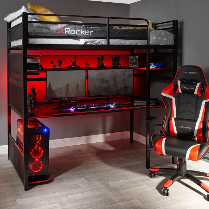 X Rocker Battlebunk Gaming Hochbett mit XL-Schreibtisch für Kinder & Jugendliche - schwarz/rot