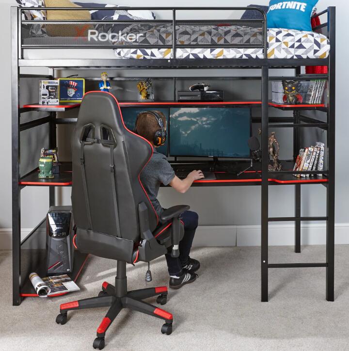 X Rocker Battlebunk Gaming Hochbett mit XL-Schreibtisch für Kinder & Jugendliche - schwarz/rot