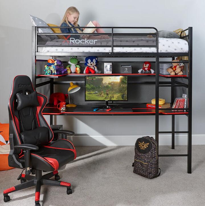 X Rocker Battlebunk Gaming Hochbett mit XL-Schreibtisch für Kinder & Jugendliche - schwarz/rot