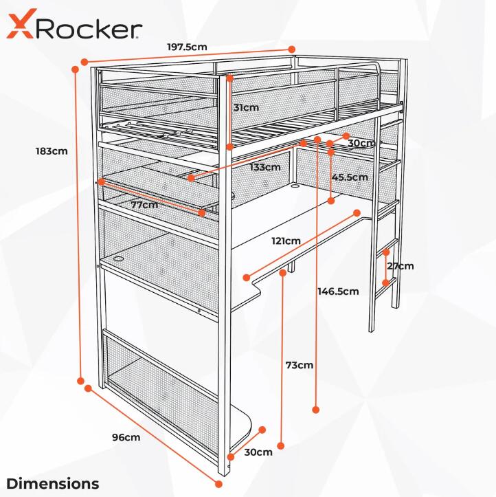 X Rocker Battlebunk Gaming Hochbett mit XL-Schreibtisch für Kinder & Jugendliche - schwarz/rot