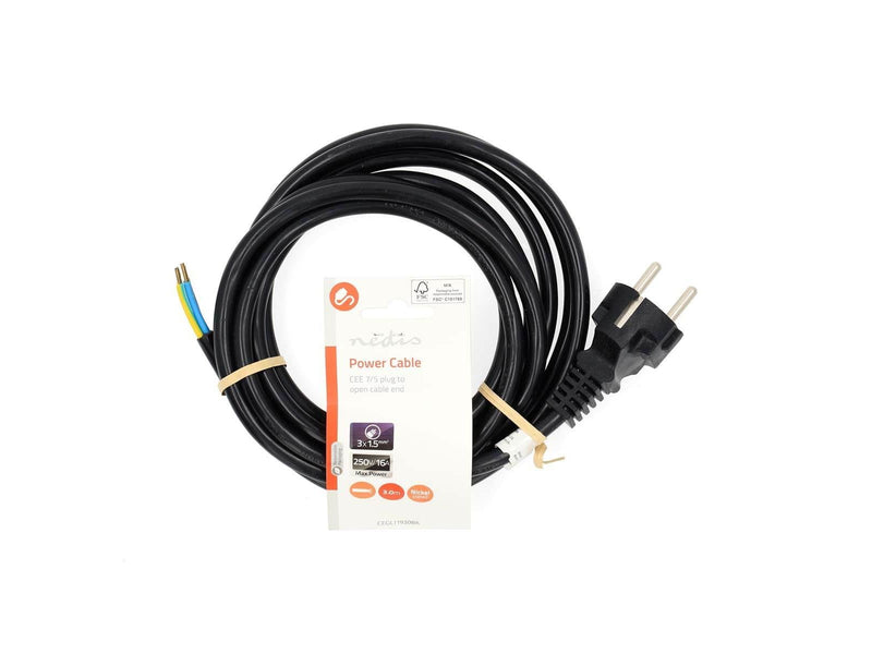 Nedis Power Cable | Plug with earth contact male | Open | Straight | Straight | Nickel Plated | 3.00 m
