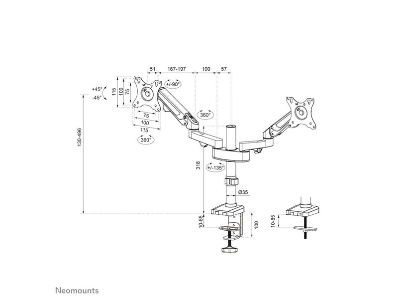 Neomounts DS70-750BL2 mounting kit - full-motion adjustable dual arm - for 2 LCD displays - black