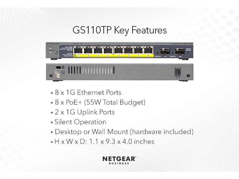 Netgear GS110TPv3 8-Port Gigabit PoE+ Ethernet Smart Switch with 2 SFP Ports and Cloud Management