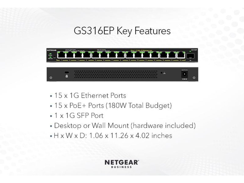 Netgear GS316EP-100PES 16-Port PoE+ Gigabit Ethernet Plus Switch (180W) with 1 SFP Port