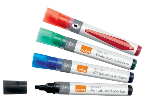 Nobo Liquid Ink Boardmarker, trocken abwischbar, Keilspitze, 4 Stück, Sortiert