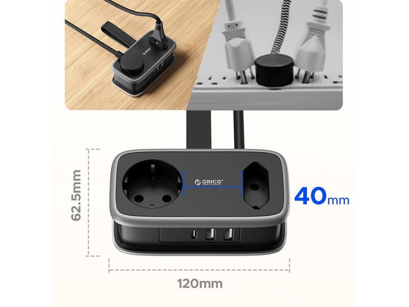 ORICO APP 15.5W 5in1 Power Strip 2x AC + 2x USB-A + 1x USB-C - Black