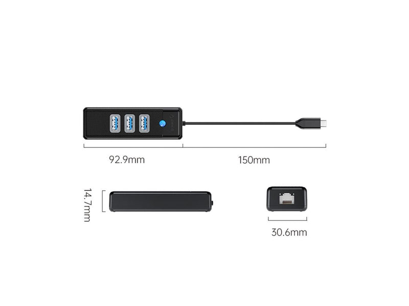 ORICO PW3UR25-C3 USB Hub 4-Port 3x USB-A 3.0 1x RJ45 2.5G Ethernet 0.15m - Black USB-Hubs - USB 3.0 - 4 - Schwarz