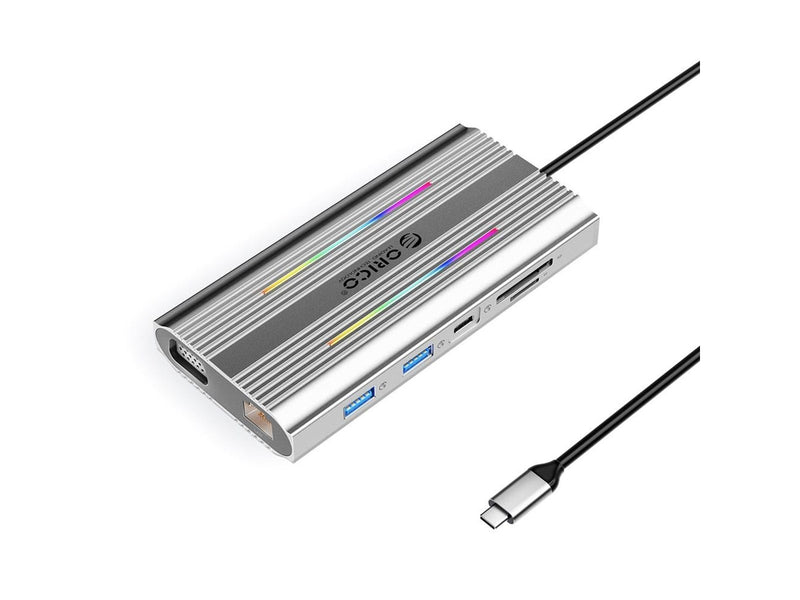 ORICO XCR 12in1 RGB USB-C Docking Station 3x USB-A USB-C PD 100W HDMI 4K VGA RJ45 Gigabit SD and microSD Card Reader - Silver USB-Hubs - USB 3.1 - 12 - Grau