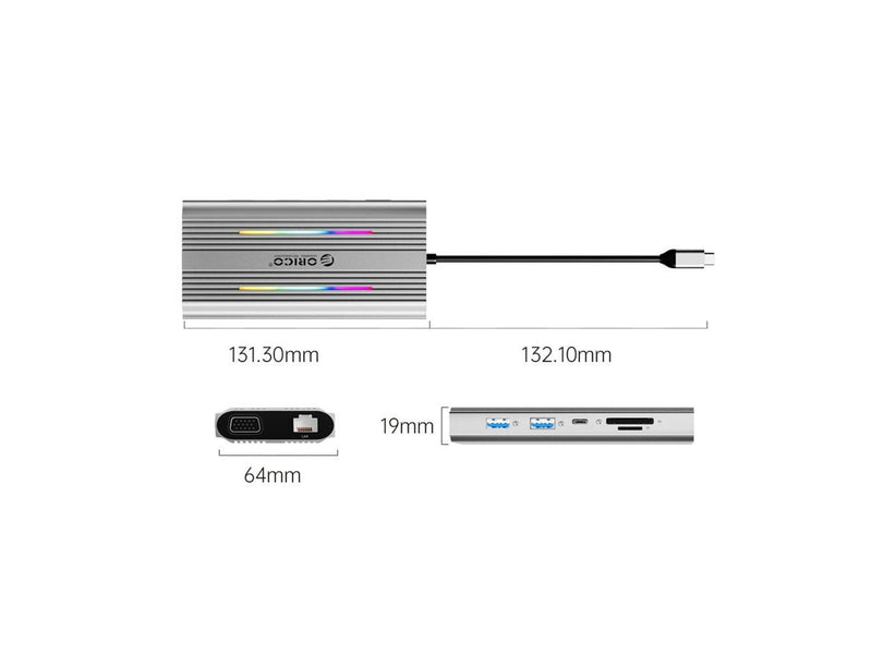 ORICO XCR 12in1 RGB USB-C Docking Station 3x USB-A USB-C PD 100W HDMI 4K VGA RJ45 Gigabit SD and microSD Card Reader - Silver USB-Hubs - USB 3.1 - 12 - Grau