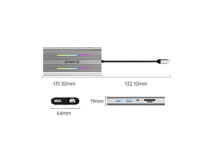 ORICO XDR 12in1 RGB USB-C Docking Station USB-A USB-C 2x HDMI 4K 60 Hz DisplayPort 4K 60 Hz RJ45 Gigabit PD 100W SD and microSD Card Reader - Silver USB-Hubs - USB 3.1 - 12 - Grau