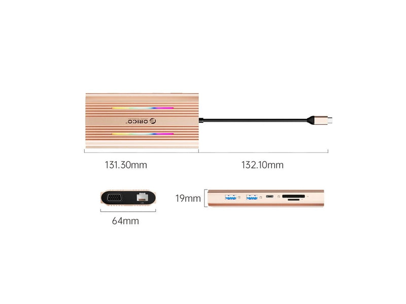 ORICO XDR 12in1 RGB USB-C Docking Station USB-A USB-C PD 100W 2x HDMI 4K 60Hz VGA RJ45 Gigabit SD and microSD Card Reader - Rose Gold USB-Hubs - USB 3.1 - 12