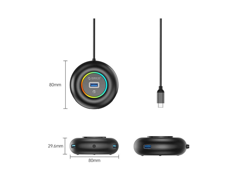 ORICO YXR4-C3 RGB USB Hub 4-Port USB-A 3.0 with Audio/Microphone Port 0.3m - Black USB-Hubs - USB 3.0 - Schwarz