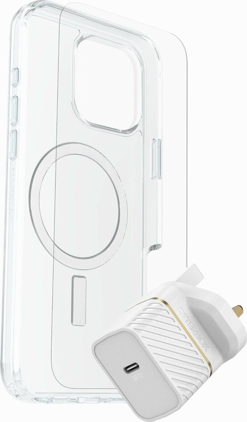 OtterBox KIT Apple iPhone 16 Pro Max (Symmetry Clear MagSafe / Premium Glass / UK USB-C Wall Charger 30W - white)