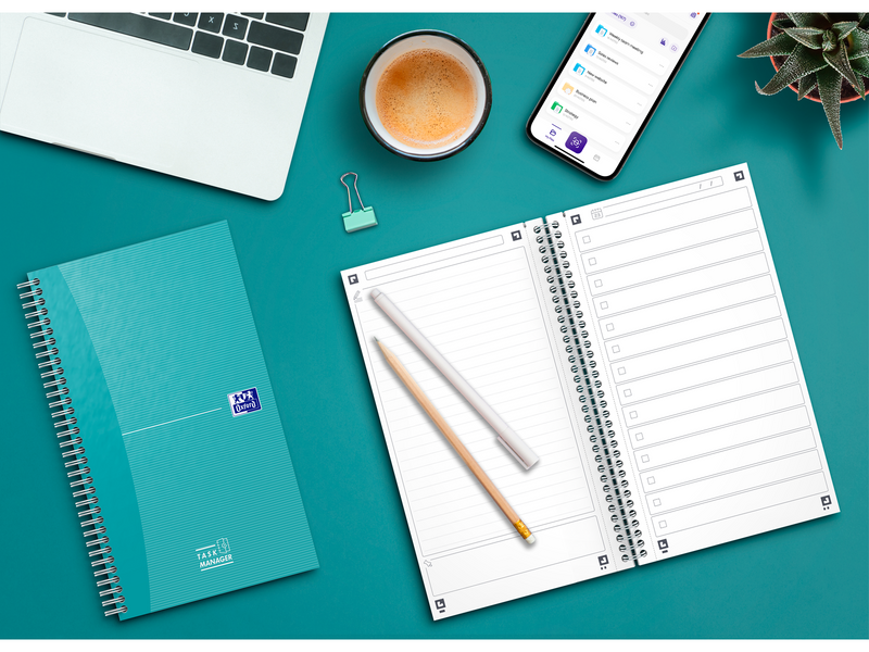 Oxford Office Essentials Task Manager, 14,1x24,6cm, Softcover, Doppelspiralbindung, 115 Blatt, Sonderlineatur, scribzee kompatibel, aqua
