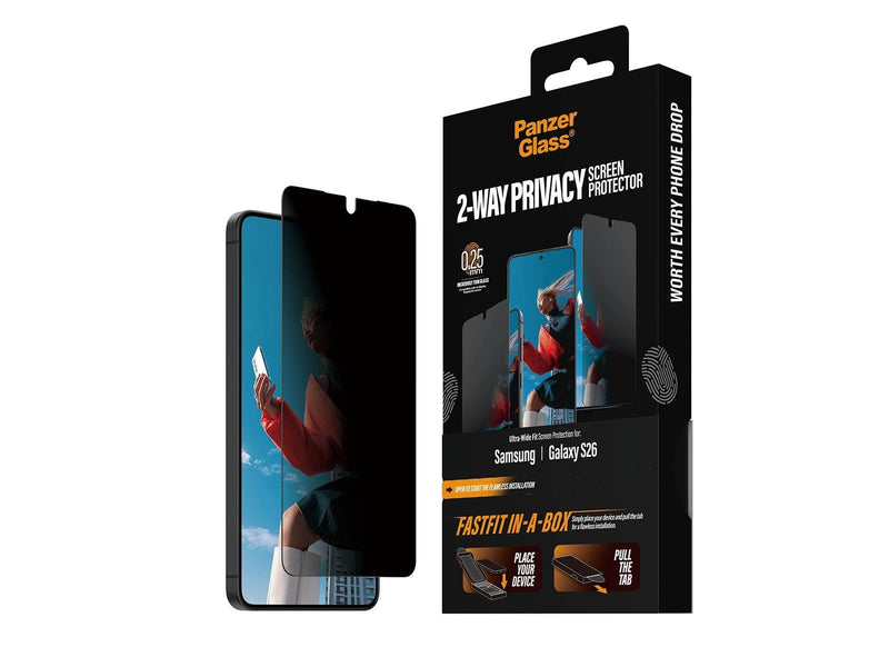PanzerGlass 2-Way Privacy Screen Protector Samsung Galaxy S26 | Ultra-Wide Fit w. FASTFIT IN-A-BOX