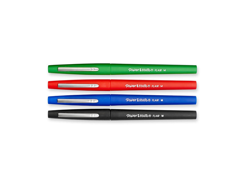 Paper Mate Flair Filzstifte | mittlere Spitze (0,7 mm) | Schwarz, Blau, Grün & Rot | 4 Stück