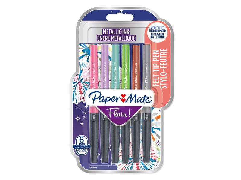 Paper Mate Flair Stifte | Metallic-Filzstifte | mittlere Spitze (0,7 mm) | glitzernde Tinte glänzt auf weißem Papier | farblich sortiert | 6 Stück