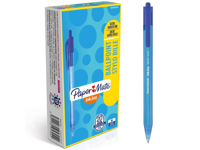 Paper Mate InkJoy 100RT Retractable Kugelschreiber | mittlere Spitze (1,0 mm) | Blau | 20 Stück