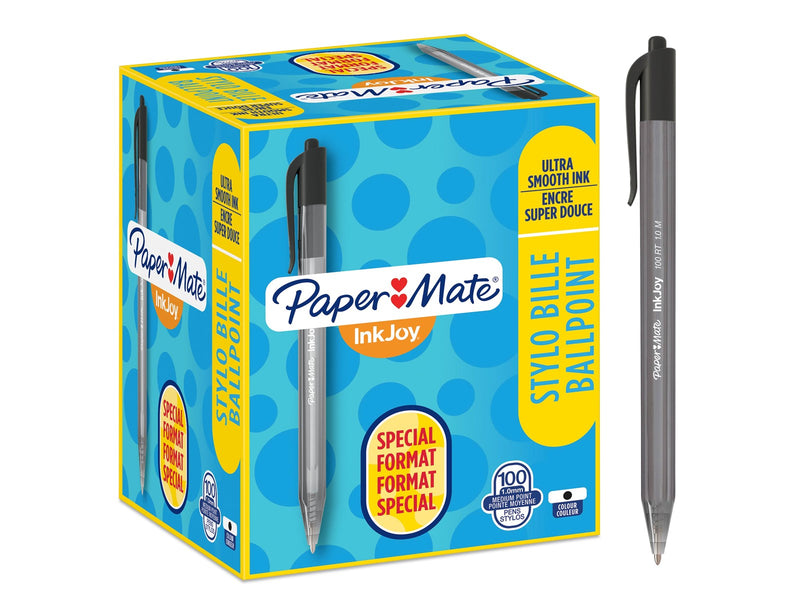 Paper Mate InkJoy 100RT Retractable Kugelschreiber | mittlere Spitze (1,0 mm) | Schwarz | 100 Stück