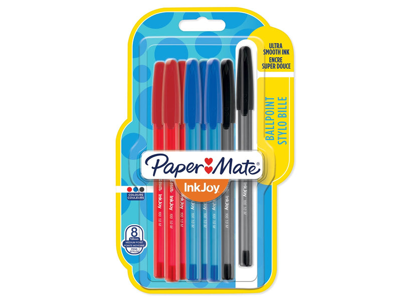 Paper Mate InkJoy 100ST Kugelschreiber  | mittlere Spitze (1,0 mm) | Schwarze, blaue & rote Tinte | 8 Stück