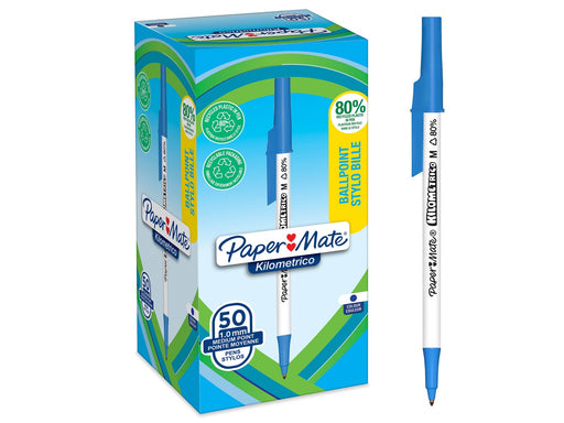 Paper Mate Kilometrico Kugelschreiber | lange Schreibdauer mit mittlerer Spitze (1,0 mm) | blaue Tinte | 80 % recyceltes Plastik | 50 Stück