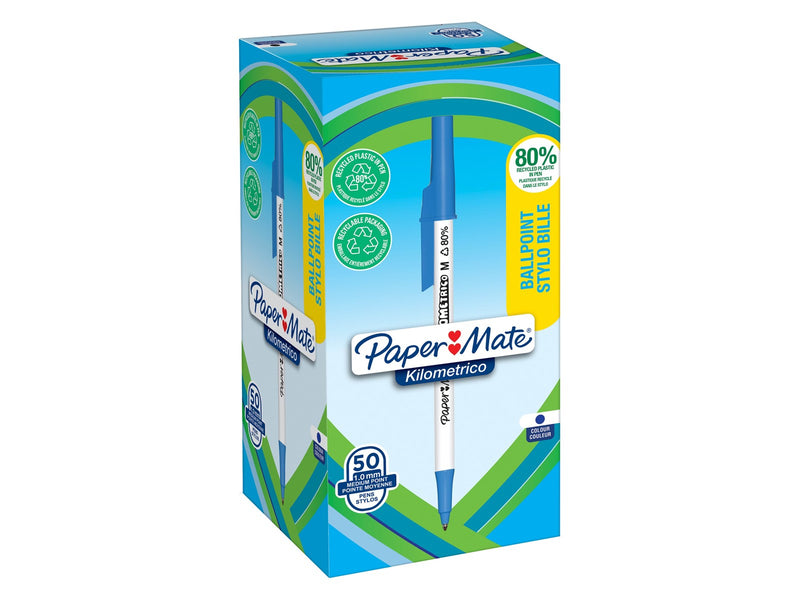 Paper Mate Kilometrico Kugelschreiber | lange Schreibdauer mit mittlerer Spitze (1,0 mm) | blaue Tinte | 80 % recyceltes Plastik | 50 Stück