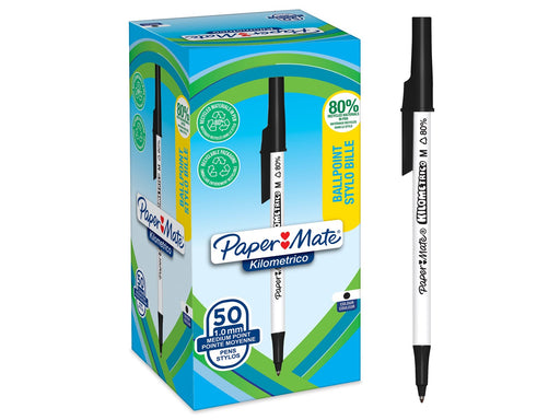 Paper Mate Kilometrico Kugelschreiber | lange Schreibdauer mit mittlerer Spitze (1,0 mm) | schwarze Tinte | 80 % recyceltes Plastik | 50 Stück