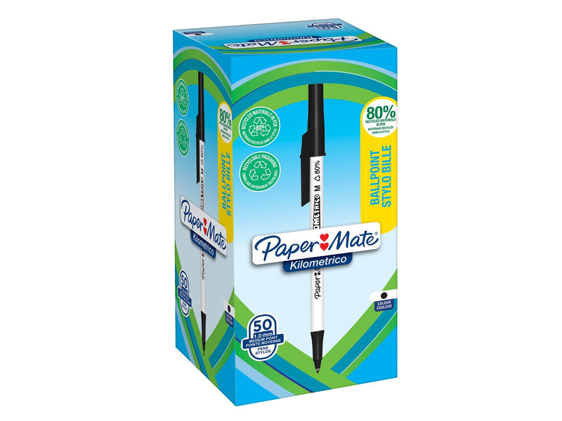 Paper Mate Kilometrico Kugelschreiber | lange Schreibdauer mit mittlerer Spitze (1,0 mm) | schwarze Tinte | 80 % recyceltes Plastik | 50 Stück