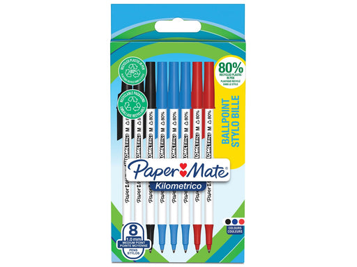 Paper Mate Kilometrico Kugelschreiber | lange Schreibdauer mit mittlerer Spitze (1,0 mm) | schwarze, blaue und rote Tinte | 80 % recyceltes Plastik | 8 Stück