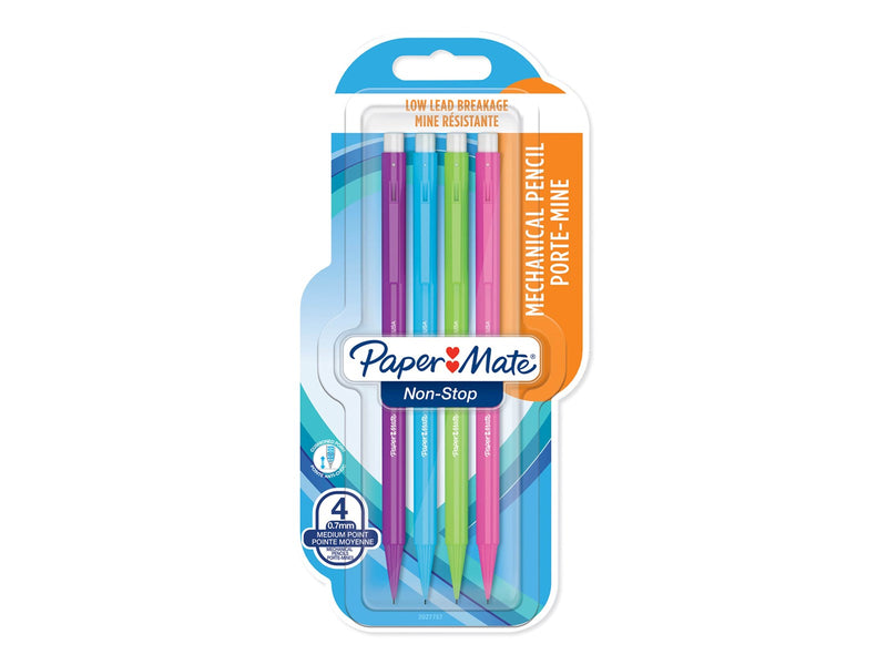 Paper Mate Non Stop-Druckbleistift | 0,7 mm | HB 2 | Schaft in sortierten Neonfarben | 4 Stück