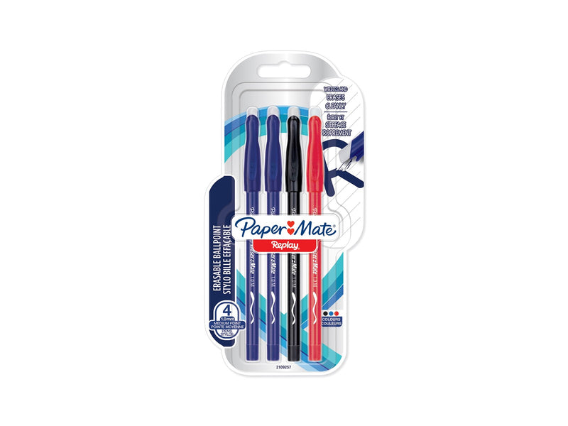 Paper Mate Replay Radierbarer Kugelschreiber | mittlere Spitze (1,0 mm) | sortierte Farben | 4 Stück