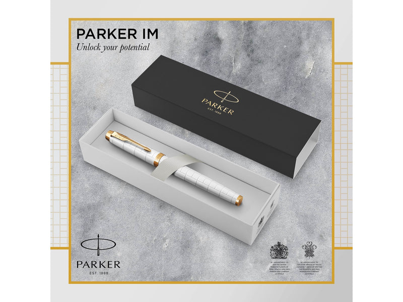 Parker IM Rollerball Tintenroller | Perlfarbene Premium-Lackierung mit goldenen Zierteilen | Feine Schreibspitze mit schwarzer Nachfüllmine | Geschenkbox