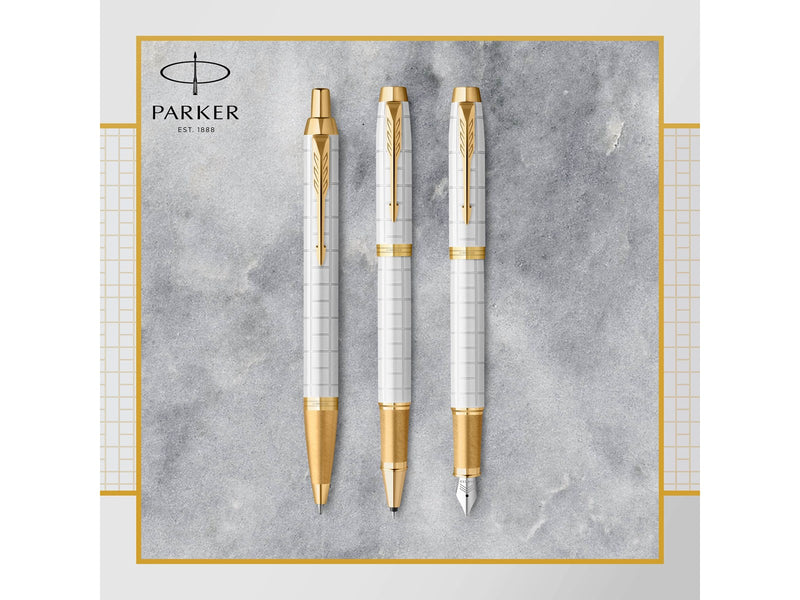 Parker IM Rollerball Tintenroller | Perlfarbene Premium-Lackierung mit goldenen Zierteilen | Feine Schreibspitze mit schwarzer Nachfüllmine | Geschenkbox