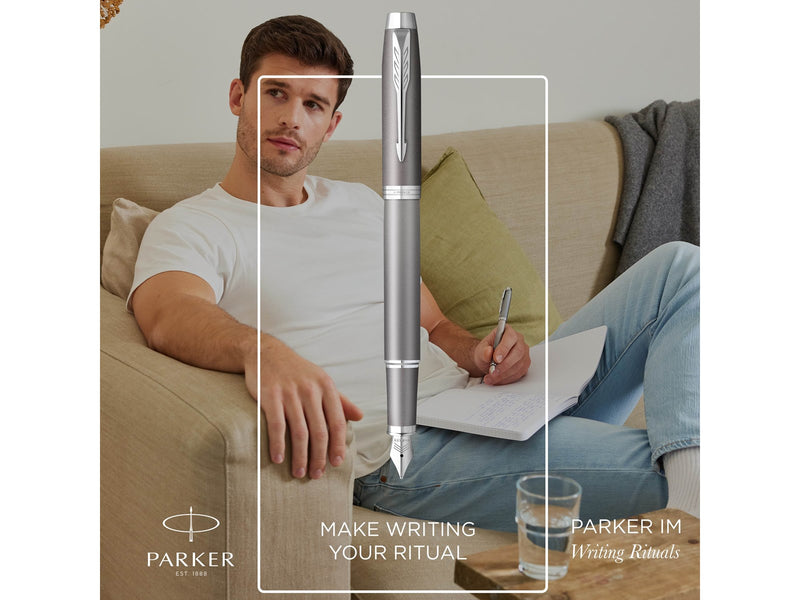 Parker IM Writing Rituals Fountain Pen | Grey Finish with Gradient | Chrome Trims | Medium Nib | Blue Ink | Gift Box