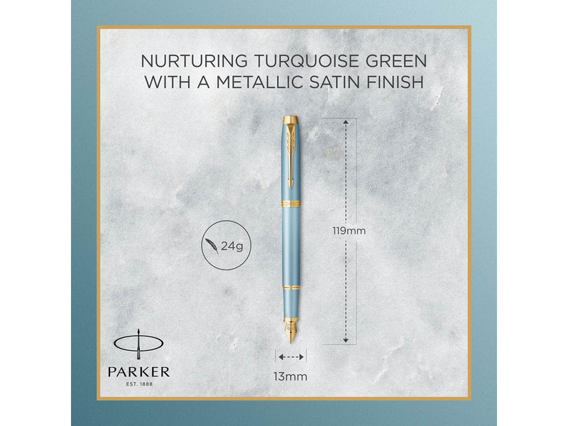 Parker IM Writing Rituals Fountain Pen | Turquoise Green Finish with Gradient | Gold Trims | Fine Nib | Blue Ink | Gift Box