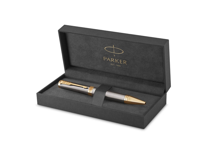 Parker Ingenuity Ballpoint Pen | Grey Lacquer with Gold Trims | Medium Point | Black Ink Refill | Gift Box