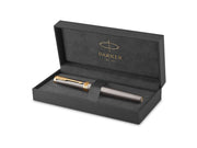Parker Ingenuity Fountain Pen | Grey Lacquer with Gold Trims | Fine Stainless Steel Nib | Black & Blue Ink Cartridge Refills | Gift Box