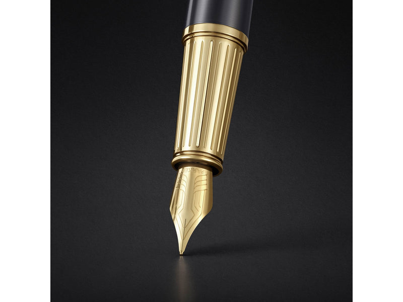 Parker Ingenuity Fountain Pen | Grey Lacquer with Gold Trims | Fine Stainless Steel Nib | Black & Blue Ink Cartridge Refills | Gift Box