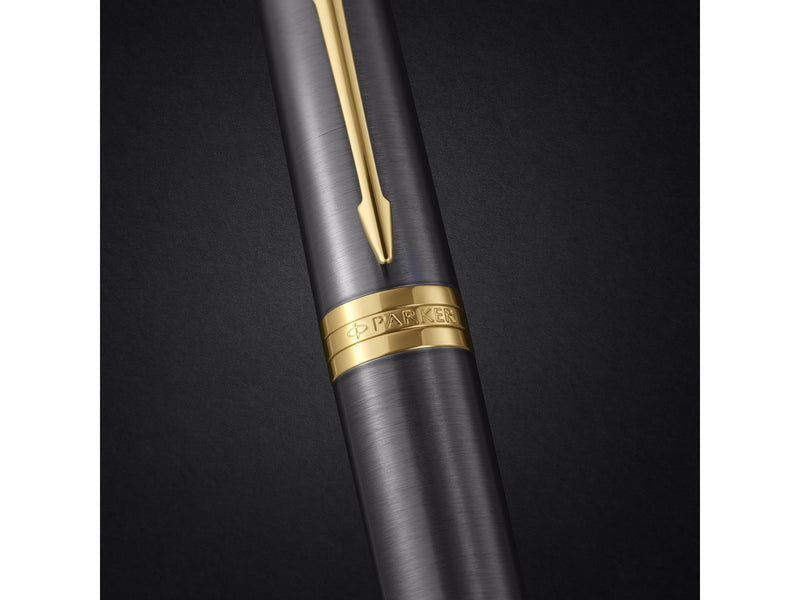 Parker Ingenuity Fountain Pen | Grey Lacquer with Gold Trims | Fine Stainless Steel Nib | Black & Blue Ink Cartridge Refills | Gift Box