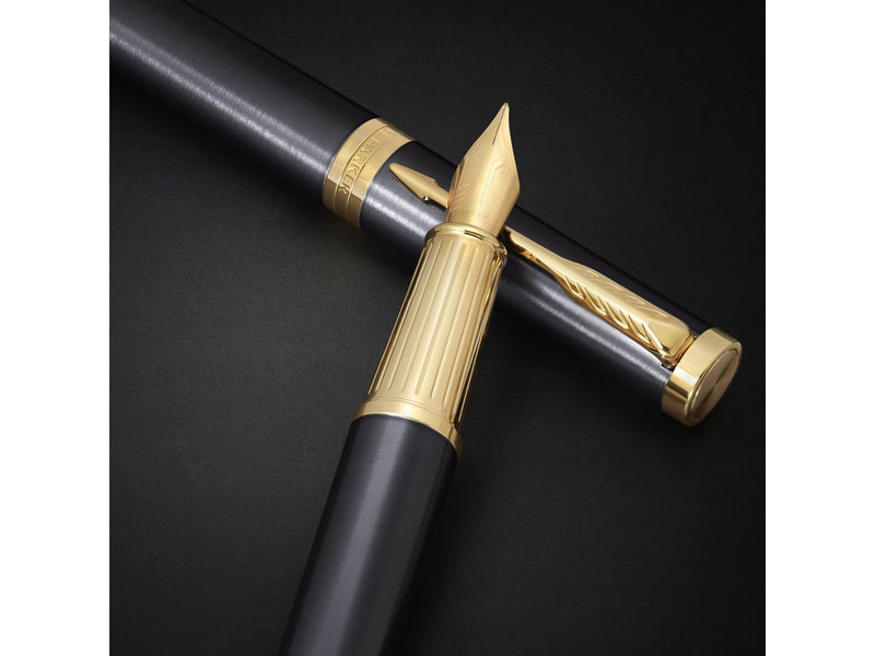 Parker Ingenuity Fountain Pen | Grey Lacquer with Gold Trims | Fine Stainless Steel Nib | Black & Blue Ink Cartridge Refills | Gift Box