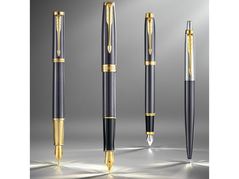 Parker Ingenuity Fountain Pen | Grey Lacquer with Gold Trims | Fine Stainless Steel Nib | Black & Blue Ink Cartridge Refills | Gift Box
